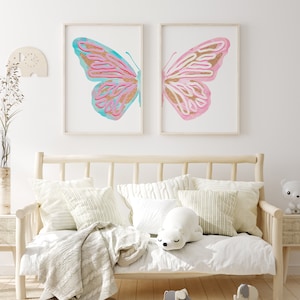 blue pink split butterfly wall art set baby girl nursery decor prints, aesthetic pastel wall art preppy y2k room decor aesthetic for teens image 9