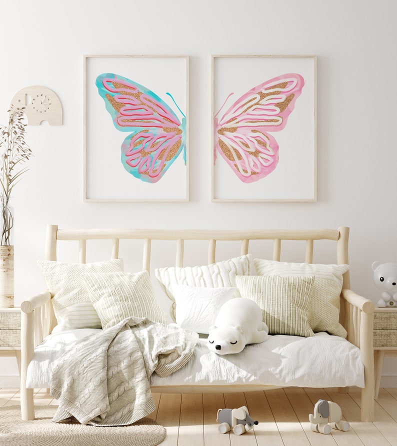 blue pink split butterfly wall art set baby girl nursery decor prints, aesthetic pastel wall art preppy y2k room decor aesthetic for teens image 9