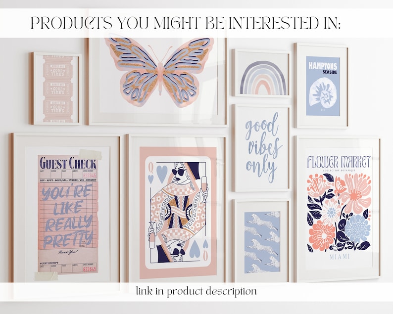 K&ouml;nnte beinhalten: Eine Sammlung gerahmter Drucke mit verschiedenen Designs, darunter ein Schmetterling, ein Regenbogen, eine Muschel, ein G&auml;stecheck, eine Dame-Herz-Spielkarte, ein Blumenmuster und Text, der "good vibes only" lautet.