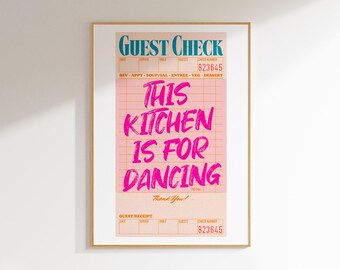 guest check print pink and orange art fun kitchen posters, kitchen quote funky wall art maximalist decor, kitchen wall art dopamine decor
