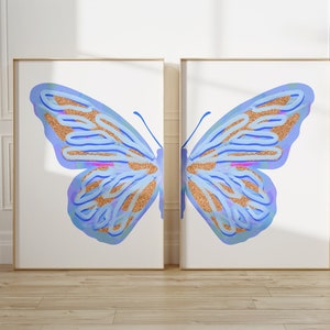 blue split butterfly wall art set baby girl nursery decor prints, trendy bedroom wall art college apartment decor aesthetic above bed art