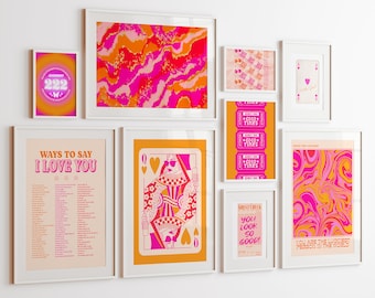 pink orange wall art preppy dorm decor, trendy gallery wall art set of 9 retro maximalist wall art prints, eclectic home decor bar cart art