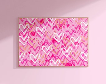 pink hearts preppy wall art, pink room decor aesthetic dorm decor, teen bedroom decor preppy prints, pink wall art trendy apartment decor