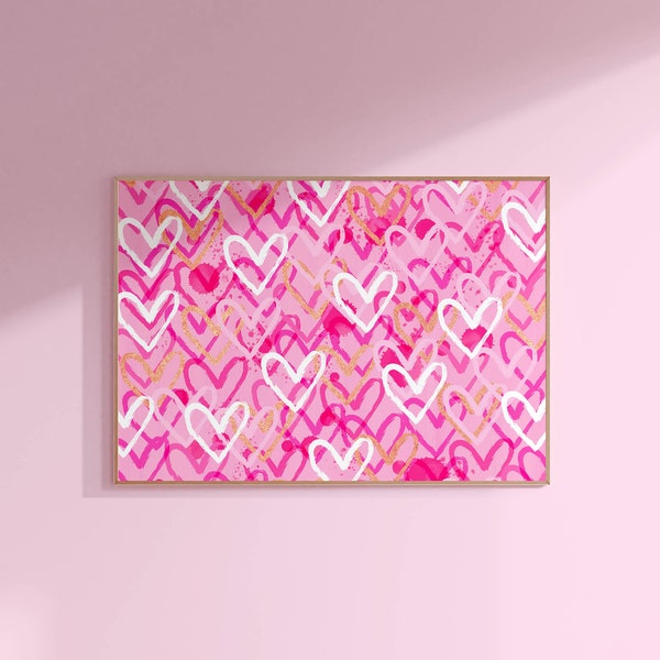 pink hearts preppy wall art, pink room decor aesthetic dorm decor, teen bedroom decor preppy prints, pink wall art trendy apartment decor