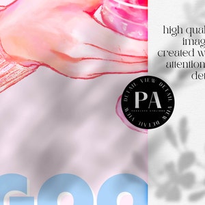 May include: A watercolor illustration of a hand holding a pink glass with a light pink background. The text "high quality images created with attention to detail" is on the right side of the image. The text "DETAIL VIEW DETAIL VIEW PA PENELOPE ATELIER DETAIL VIEW DETAIL VIEW" is in a black circle in the center of the image.