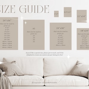 May include: A size guide for printable art, showing different sizes in inches and centimeters. The guide includes sizes for 24x36, 24x30, 18x24, 11x14, 8.5x11, and 5x7 prints. The guide also includes sizes for A1, A2, A3, A4, and A5 paper.