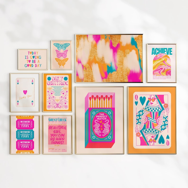 May include: A wall gallery featuring nine framed prints with a retro, colorful aesthetic. The prints include motivational quotes, abstract designs, and illustrations of butterflies, playing cards, and matchsticks.