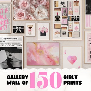 conjunto de pared de galería rosa de 150 impresiones de moda de arte de pared femenino, carteles rosas decoración estética de la habitación, decoración de apartamentos universitarios arte de pared estético