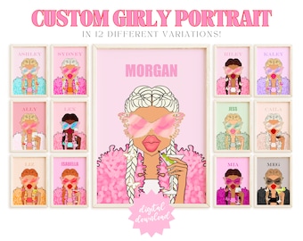 custom girly portrait 4 y2k room decor aesthetic, trendy wall art funky decor bar cart prints, college apartment decor aesthetic wall art