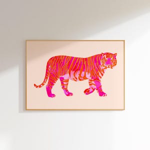 tiger painting large maximalist wall art preppy room decor, funky horizontal wall art college dorm decor, pink orange wall art animal print