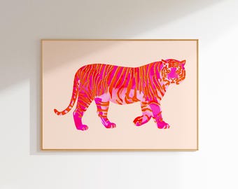 tiger painting large maximalist wall art preppy room decor, funky horizontal wall art college dorm decor, pink orange wall art animal print