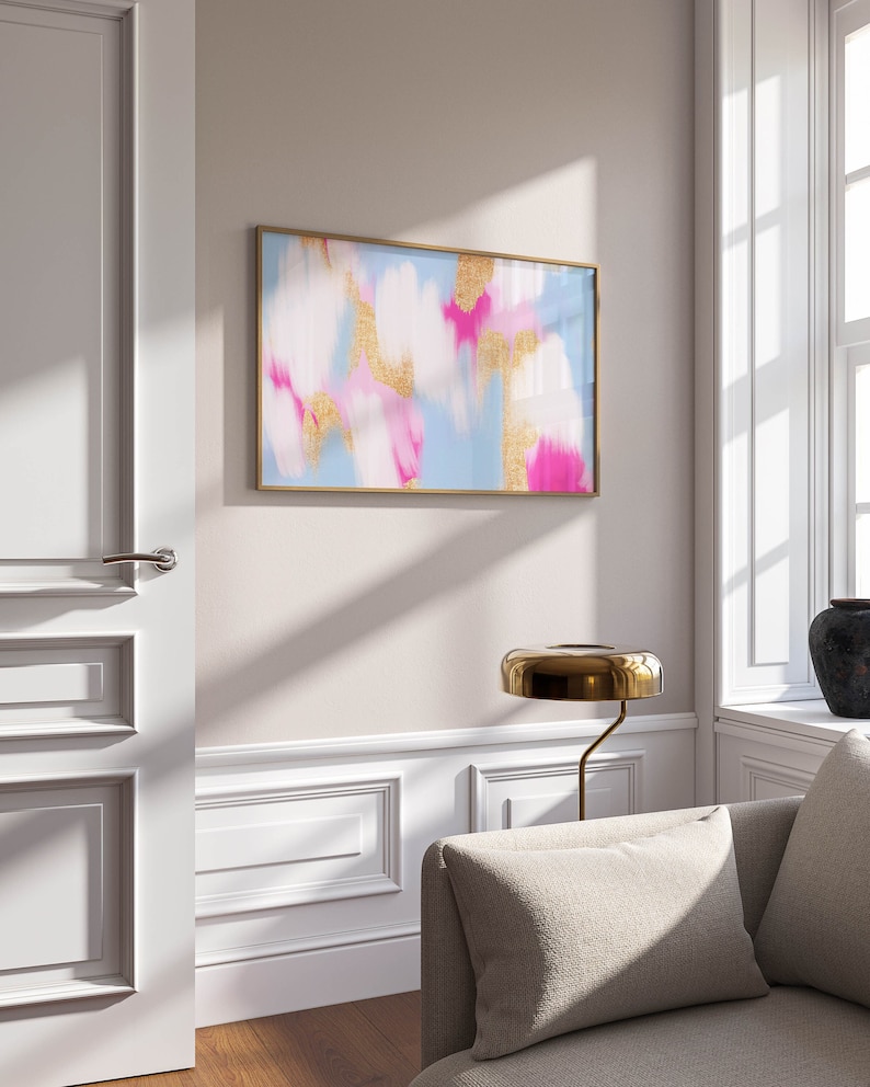 lyxig väggkonst lägenhetsväggdekor blå väggkonst med starkt rosa rumsinredning elegant, blå trendig väggkonst starkt rosa konsttryck fin rumsinredning bild 1