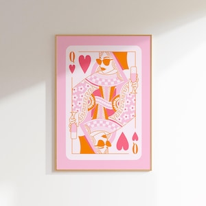 królowa serca funky wall art różowy wystrój retro estetyczna sztuka ścienna, dziewczęca sztuka ścienna maksymalistyczny wystrój, nadruk na wózku barowym wystrój pokoju w akademiku estetyczny