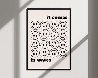 het komt in golven smiley retro muurkunst print poster digitale download, zwart-witte kunst posters in jaren 70-stijl esthetische kamerinrichting