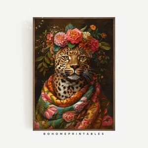 leopard animal print maximalist decor colorful print, maximalist wall art eclectic home decor floral print, office wall art vintage poster