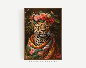 leopard animal print maximalist decor colorful print, maximalist wall art eclectic home decor floral print, office wall art vintage poster