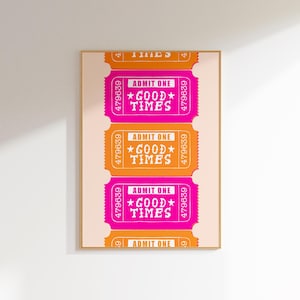 good times ticket pink orange wall art preppy dorm room decor bar cart art, funky retro wall art print trendy poster aesthetic room decor