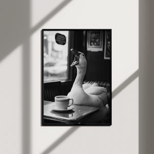 funny goose poster kitchen wall print coffee wall art kitchen decor, funny wall art black and white photography print retro art office decor