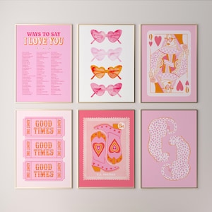 pink and orange preppy wall art set of 6 dorm decor for college girls, trendy retro wall art prints pink aesthetic room decor for teen girls