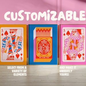 Regalo di anniversario di arte da parete massimalista personalizzato Queen King Matchbox, arredamento artistico personalizzato con dopamina, poster colorato arte da parete alla moda sopra l'arredamento del letto