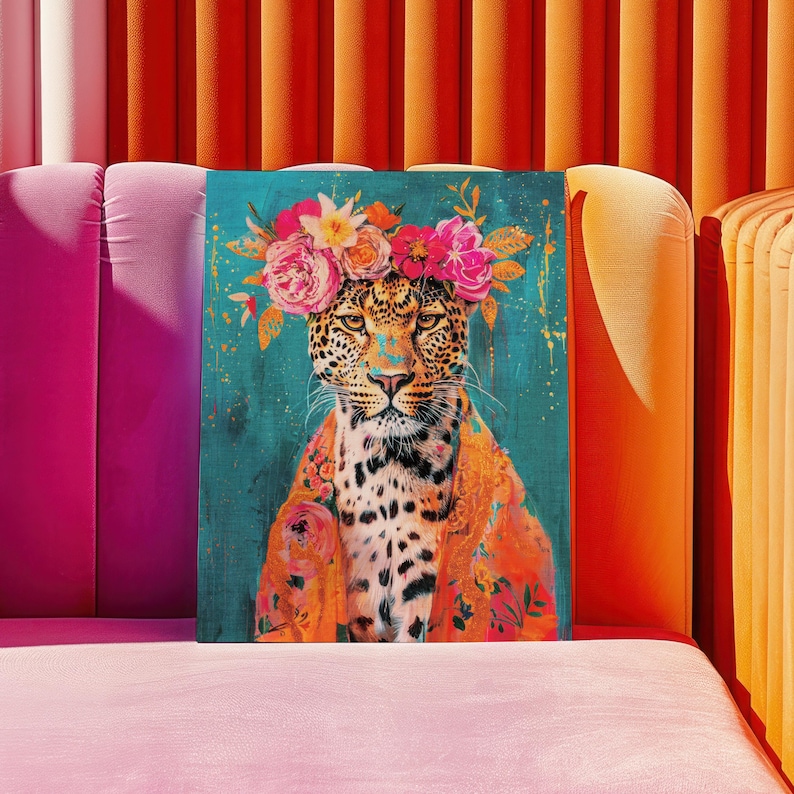 May include: A colorful painting of a leopard wearing a floral crown. The leopard is depicted in a vibrant orange and gold patterned robe against a teal background.
