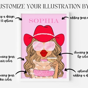 May include: A customizable illustration of a woman with blonde hair, wearing a red cowboy hat, sunglasses, and a sparkly pink top. The illustration includes the name "SOPHIA" and options to personalize the hair, skin, and lip colors, as well as add a drink.