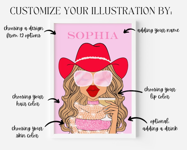 May include: A customizable illustration of a woman with blonde hair, wearing a red cowboy hat, sunglasses, and a sparkly pink top. The illustration includes the name "SOPHIA" and options to personalize the hair, skin, and lip colors, as well as add a drink.