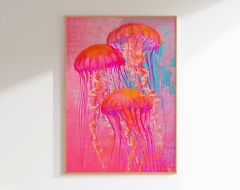 onderwaterschilderij beachy muurkunst kwallen decor, maximalistische muurkunst strand print funky decor, unieke kunstposter esthetische kamerinrichting