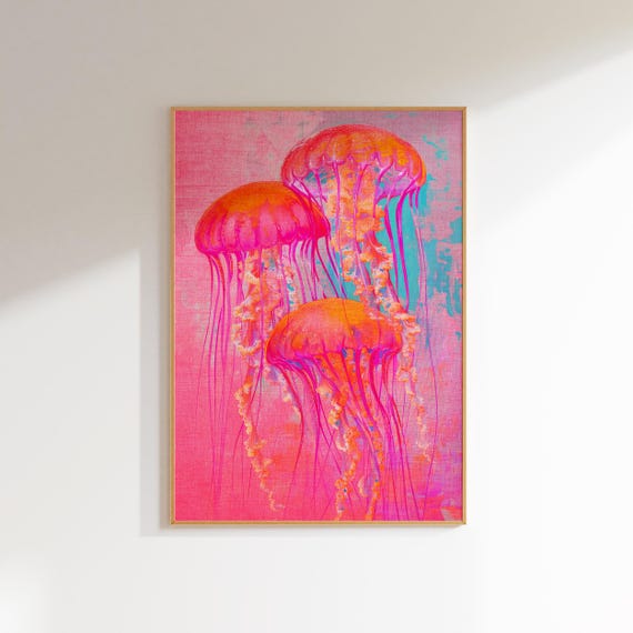 underwater painting beachy wall art jellyfish decor, maximalist wall art beach print funky decor, unique art poster aesthetic room decor