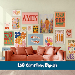 May include: A collection of fifteen rectangular wall art prints featuring Christian themes, including text like AMEN, FRUIT OF THE SPIRIT, and WHERE GOD REIGNS, alongside illustrations of flowers, koi fish, candles, and hearts, displayed above a coral sofa.