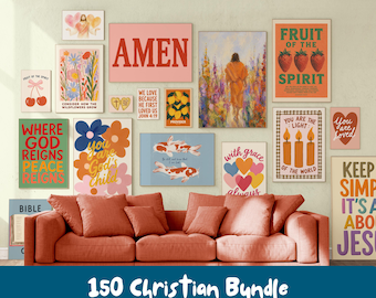 christian wall art bundle of 150 colorful dorm room prints, bible verse wall art dopamine decor, scripture art maximalist apartment decor