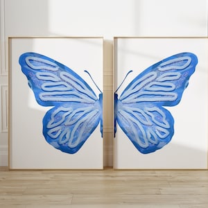 blue butterfly wall art set baby girl coastal nursery decor, calming wall art aesthetic room decor, bedroom wall art college dorm decor