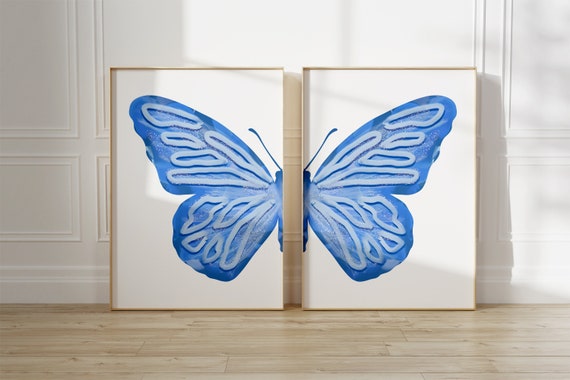 blue butterfly wall art set baby girl coastal nursery decor, calming wall art aesthetic room decor, bedroom wall art college dorm decor