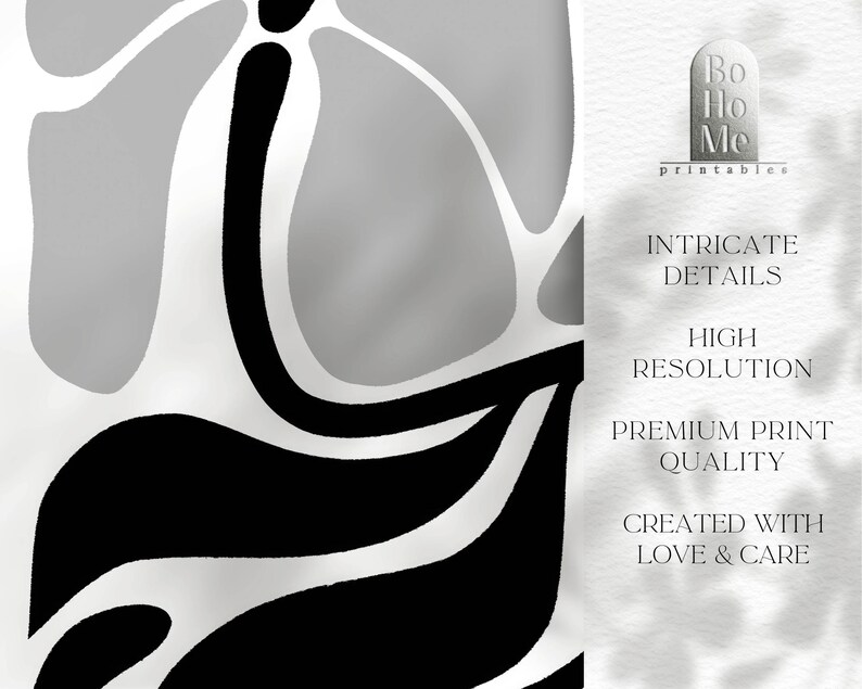 Puede incluir: Impresi&oacute;n digital abstracta en blanco y negro con el texto "Bo Ho Me printables" y las palabras "Detalles intrincados", "Alta resoluci&oacute;n", "Calidad de impresi&oacute;n premium" y "Creado con amor y cuidado".