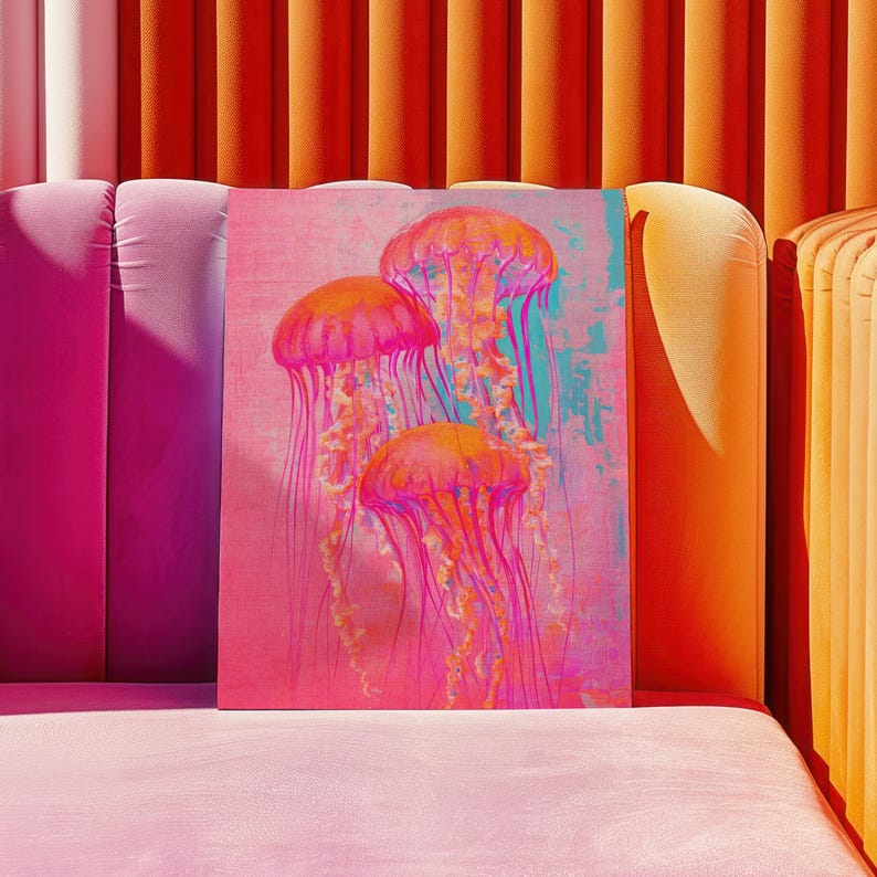 May include: Three pink jellyfish with long tentacles against a pink and blue background.