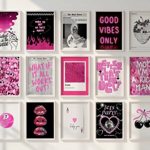 gallery wall set of 150 trendy wall art pink posters, college apartment decor aesthetic wall art print, girly wall art college dorm prints image 2