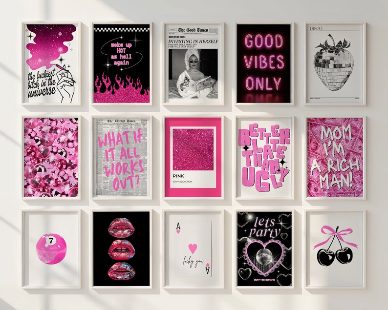 gallery wall set of 150 trendy wall art pink posters, college apartment decor aesthetic wall art print, girly wall art college dorm prints image 2