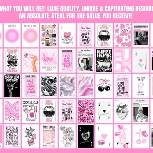 May include: A pink and black collage of 25 printable wall art designs. The designs feature various phrases, illustrations, and graphics. Some of the phrases include "Keep 'em Comas!" and "Girls Just Wanna Have Funds".