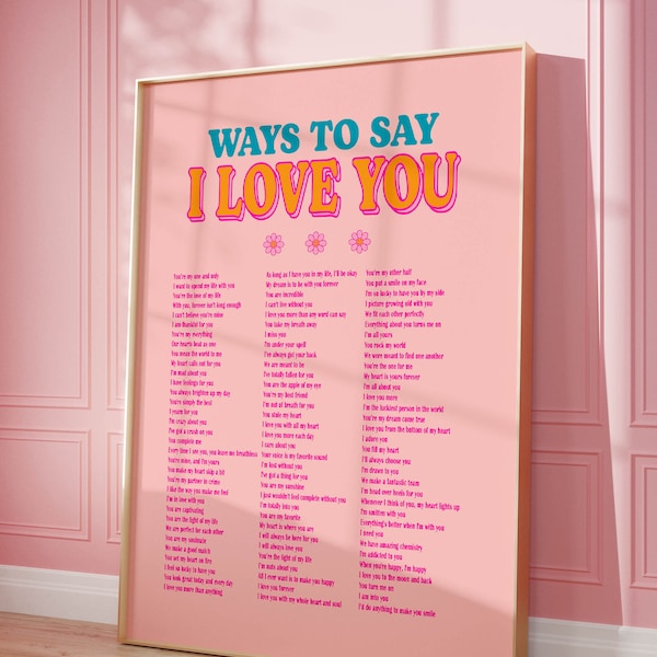 Ways to say I love you pink orange teal girly wall art preppy wall prints maximalist poster, maximalist home funky art prints dopamine decor