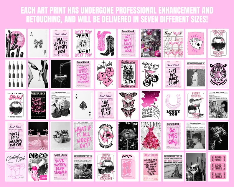 gallery wall set of 150 trendy wall art pink posters, college apartment decor aesthetic wall art print, girly wall art college dorm prints image 8