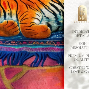 May include: A colorful painting of a tiger curled up on a rug with intricate details. The tiger is orange and black with white stripes. The rug is blue, purple, and green with a fringe border.