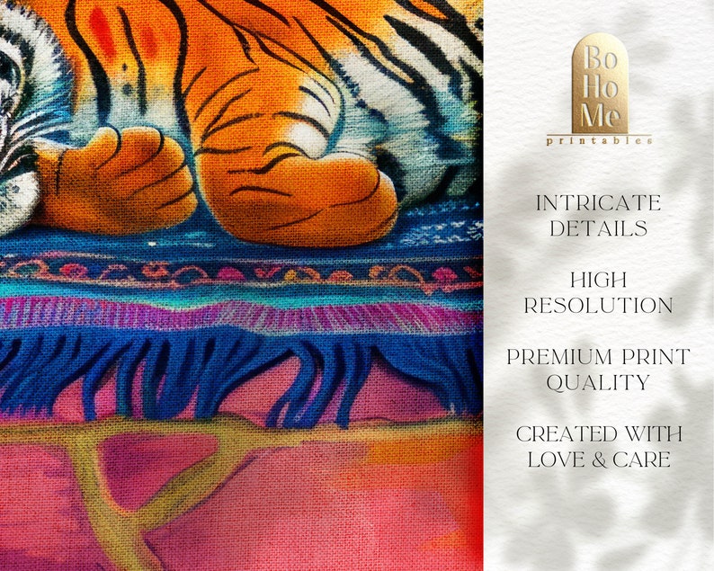 May include: A colorful painting of a tiger curled up on a rug with intricate details. The tiger is orange and black with white stripes. The rug is blue, purple, and green with a fringe border.