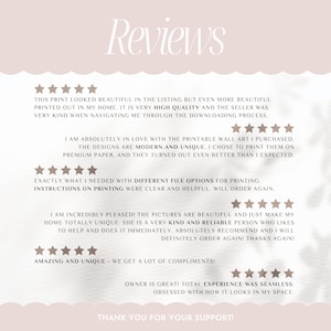 May include: Five-star reviews for printable wall art. Customers praise the high quality, modern designs, and helpful instructions. One reviewer mentions receiving compliments on the unique art.