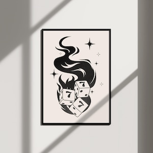 lucky seven dice rockabilly flames retro wall art trendy downtown girl college apartment decor, neutral wall art bar cart prints funky decor