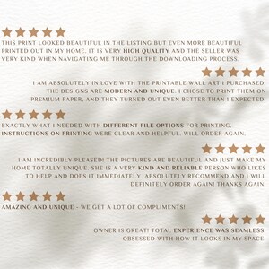 May include: Five-star reviews for printable wall art. The reviews highlight the high quality of the prints, the modern and unique designs, and the seller's helpfulness. The text includes phrases like "absolutely in love", "turned out even better than I expected", "incredibly pleased", and "totally unique".