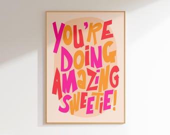 affirmation wall art teen girl room decor retro art print, maximalist wall art preppy dorm decor, pink orange wall art eclectic home decor
