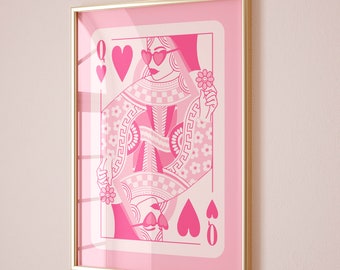 queen of hearts pink retro wall art preppy room decor aesthetic poster, preppy wall art girls room decor bedroom art cute apartment decor