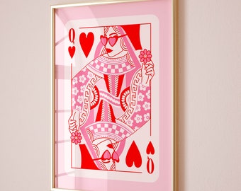 queen of hearts funky wall art pink decor retro aesthetic wall art, bedroom wall art maximalist wall decor, girly wall art dorm room decor
