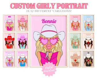 custom girly portrait 9 cowgirl bachelorette sign decor, funky wall art college apartment decor, preppy room decor aesthetic trendy wall art