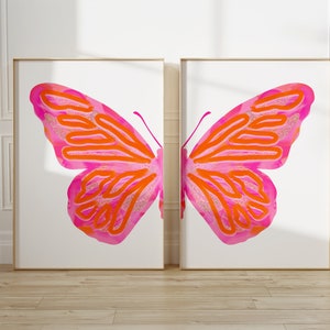 pink orange split butterfly wall art set preppy y2k room decor for teens, college apartment decor aesthetic wall art dorm room essentials